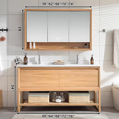 60”-76”Double Sink Freestanding Bathroom Vanity with Mirror Cabinet, Light Oak Wood Cabinet