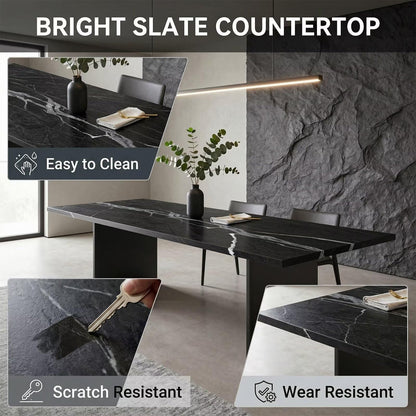 60"-80"Modern Black Stone Dining Table, Rectangular Marble Table with Sleek Metal Legs