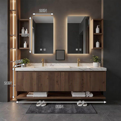 60”-96”Modern Double Sink Vanity with Walnut Fluted Cabinet & Open Towel Shelf