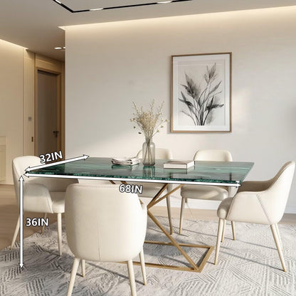 60"-80"Luxury Green Marble Dining Table, Rectangular Table with Sleek Gold Metal Legs