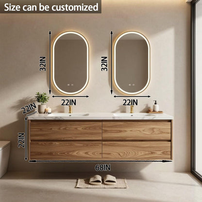 60"-84"Floating Oak Bathroom Vanity with Double Sinks & Oval LED Backlit Mirrors