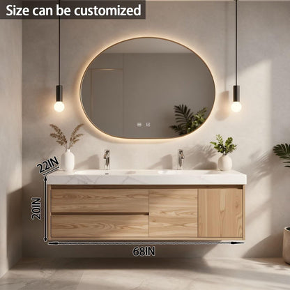60”-84”Double Sink Floating Bathroom Vanity with Round LED Mirror, Light Oak Wood Cabinet