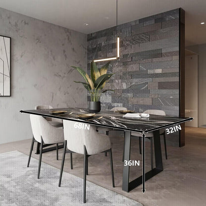 60"-80"Black Marble Dining Table with Black Metal Base, Modern Rectangular Kitchen Table
