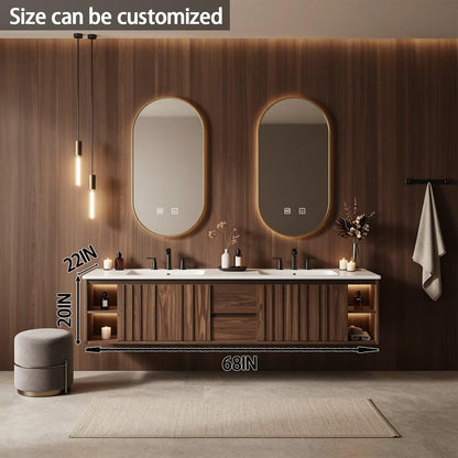 60”-84”Double Sink Floating Bathroom Vanity with LED Oval Mirrors, Walnut Fluted Cabinet