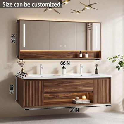 60”-84”Double Sink Floating Bathroom Vanity with LED Mirror Cabinet, Walnut Fluted Cabinet
