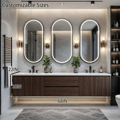 60"-96" Modern Wall-Mounted Bathroom Vanity with Marble Top & LED Lighted Mirrors