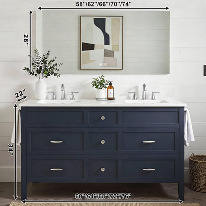 60”-84”Double Sink Freestanding Bathroom Vanity with White Top, Navy Blue Wood Vanity with Storage Drawers & Large Mirror