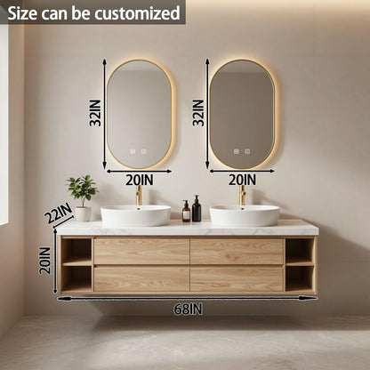 60”-84”Double Vanity, White Floating Cabinet with Gold Trim Oval LED Mirrors