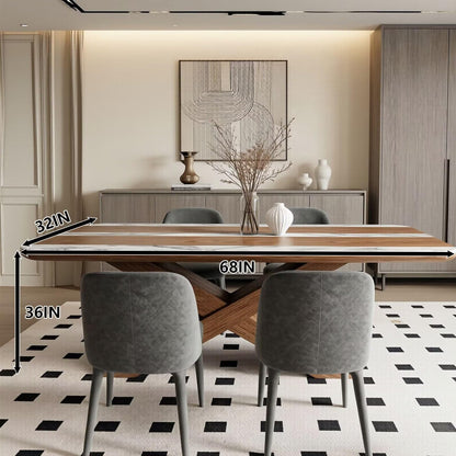 60"-80"Modern Farmhouse Dining Table with Walnut Wood & White Marble Striped Top, 6-Seater
