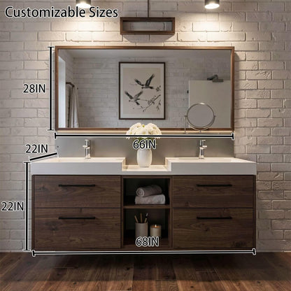 60"-96"Modern Wall-Mounted Bathroom Vanity with Open Shelf & Soft-Close Drawers