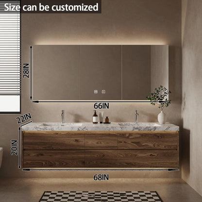 60"-84"Floating Walnut Bathroom Vanity with Marble Top & LED Medicine Cabinet,