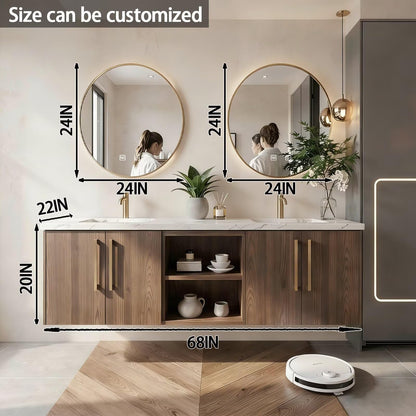 60"-84"Modern Walnut Floating Bathroom Vanity Set with Marble Top & Gold Handles