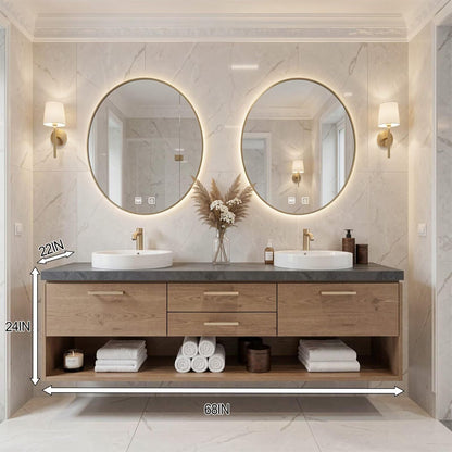 60”-96” Modern Wood Double Sink Vanity with Open Shelf, Dark Stone Top & Gold Handles