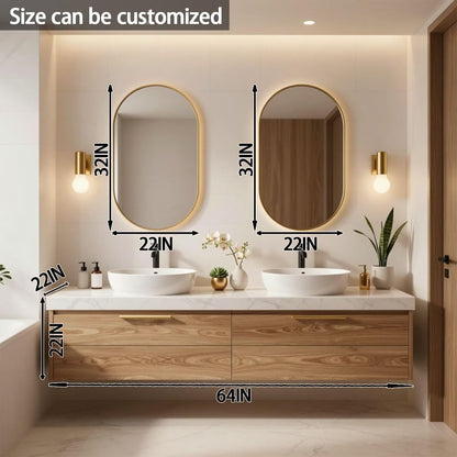 60"-84"Light Wood Wall-Mounted Vanity with White Marble Top & Soft-Close Drawers for Bathroom