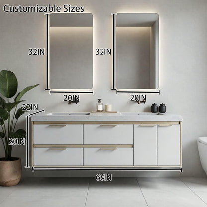 60"-96"Modern Wall-Mounted Bathroom Vanity with Stone Top & Light Wood Trim