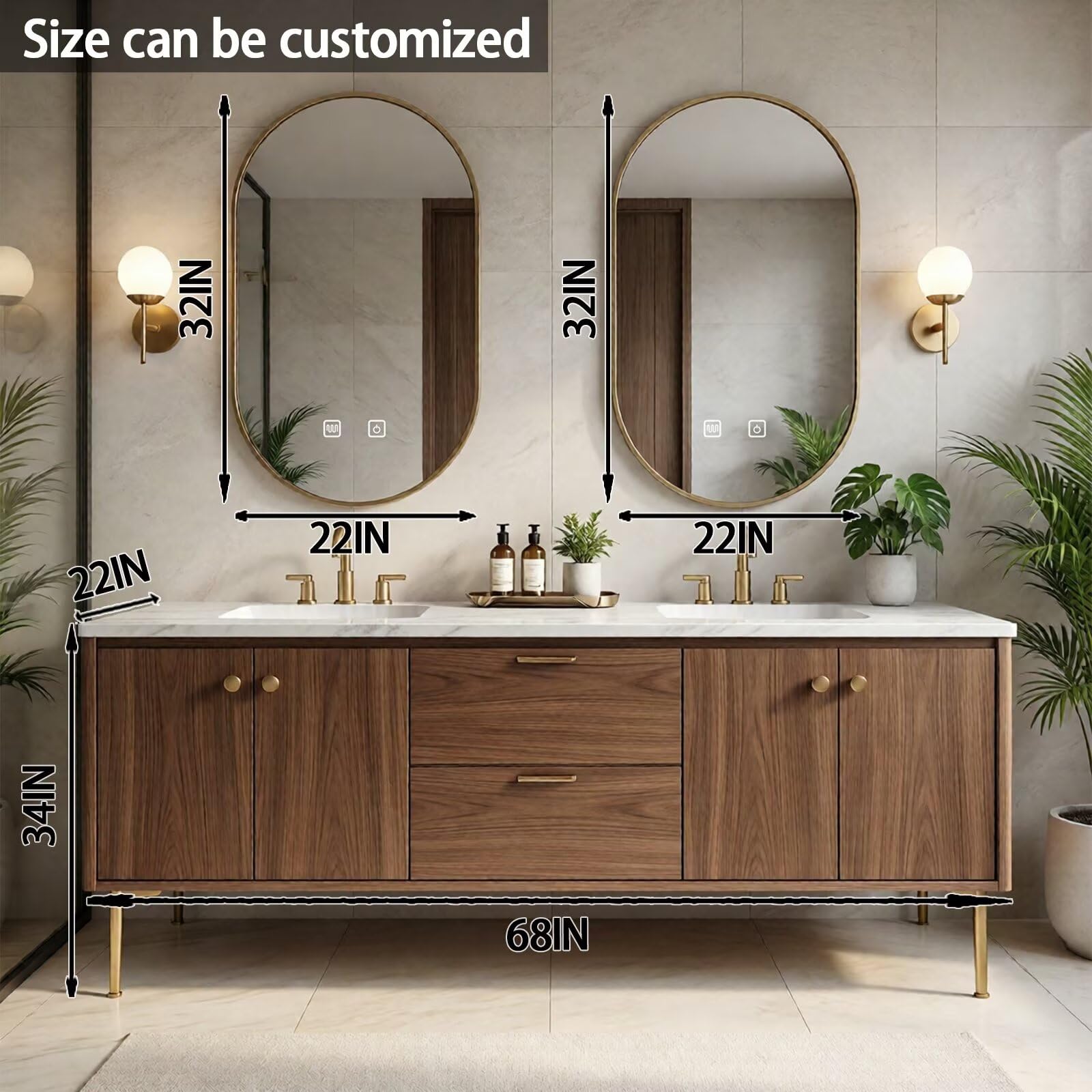 64"-84"Modern Walnut Bathroom Vanity Set with Marble Top & Gold Legs