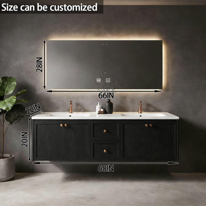 60”-84”Double Sink Floating Bathroom Vanity with LED Mirror, Black Cabinet & Gold Hardware