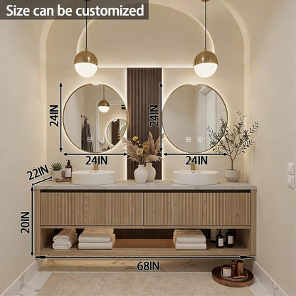 60"-84"Light Wood Bathroom Vanity with Double Sinks & Backlit Round Smart Mirrors