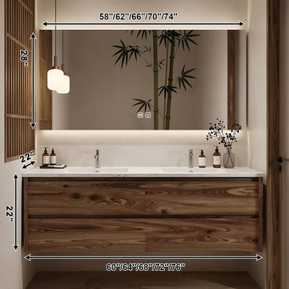 60”-84”Floating Double Sink Bathroom Vanity with LED Backlit Mirror, Wall Mounted Walnut Wood Vanity with Marble Top & Storage Drawers