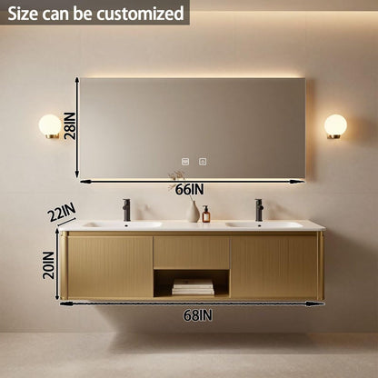 60"-84"Modern Gold Floating Bathroom Vanity Set with Fluted Doors & White Top