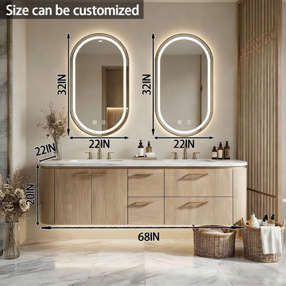 60"-84"Floating Oak Bathroom Vanity with Double Sinks & LED Oval Mirrors