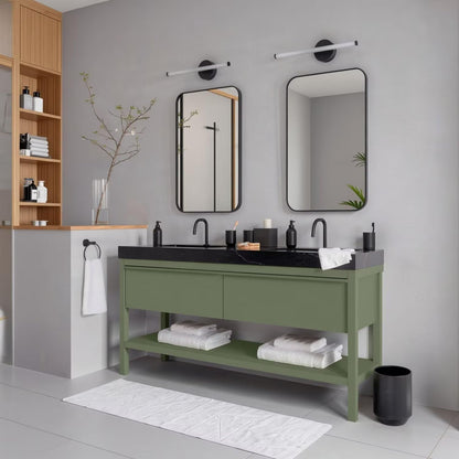 60"-96"Olive Green Bathroom Vanity with Double Sinks, Black Marble Top & Gold Hardware