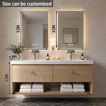 60"-84"Floating Oak Bathroom Vanity with Double Sinks & LED Mirrors
