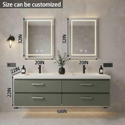 60”-84”Double Sink Floating Bathroom Vanity with LED Mirrors, Sage Green Cabinet & Silver Hardware