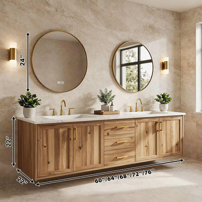 60”-84” Floating Double Bathroom Vanity with White Marble Top, Acacia Wood Wall-Mounted Vanity with Gold Hardware & 2 Round Mirrors