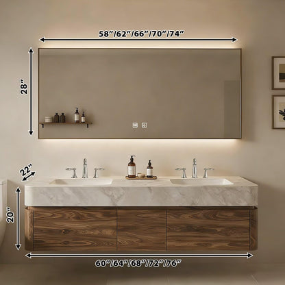 60”-84”Wall Mounted Double Sink Bathroom Vanity with LED Mirror, Wood Floating Cabinet with Marble Stone Top, Modern Minimalist