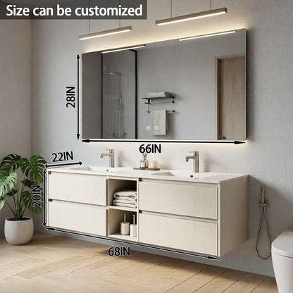 60"-84"Modern White Wood Bathroom Vanity with Open Storage & Integrated Sinks, LED Mirror