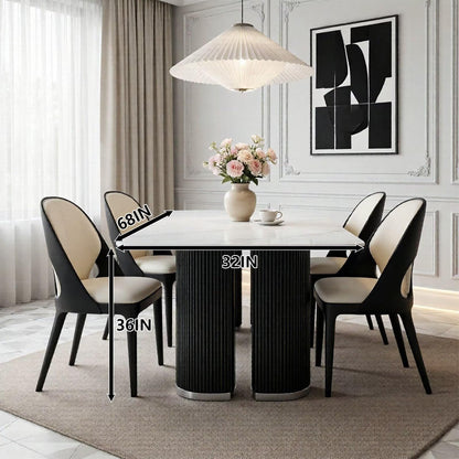 60"-80"White Marble Dining Table with Black Ribbed Base, Modern Rectangular Kitchen Table