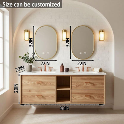60”-84”Double Floating Vanity, Light Wood Cabinet with Gold Oval LED Mirrors