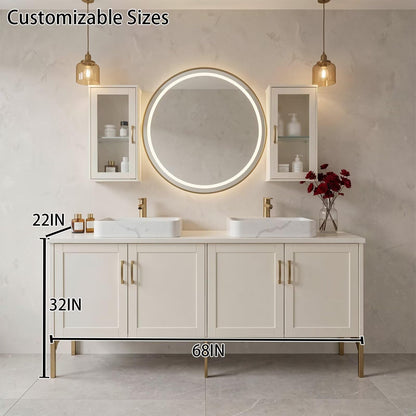 60"-96"White Freestanding Bathroom Vanity with Double Sinks & LED Round Mirror