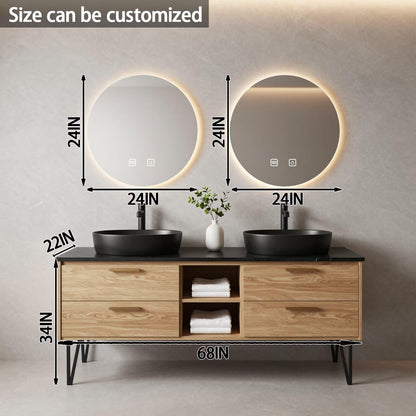 60”-84”Double Vanity, Light Wood Cabinet with Backlit LED Mirrors