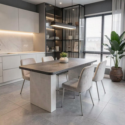 56"-96"Elegant Urban Dining Table, Dark Marble-Like Top with Modern Concrete Pedestal Legs