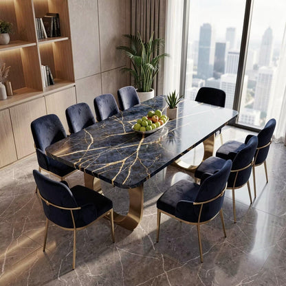 56"-96"Modern Luxury Dining Table, Black Marble Top with Gold Veins & Brass Base for 8