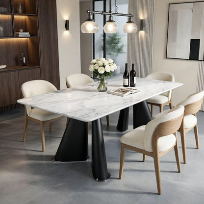 56"-88"White Marble Dining Table with Black Tapered Legs for 6 People