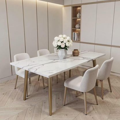 56"-88"Rectangular Sintered Stone Dining Table, White Kitchen Table with Marble Vein