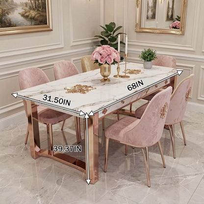 56"-88"Luxury Marble Dining Table with Rose Gold Metal Base for 6-8 People