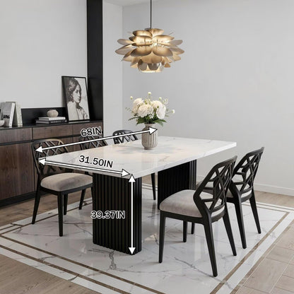 56"-88"Modern White Marble Dining Table with Black Fluted Base for 4-6 People