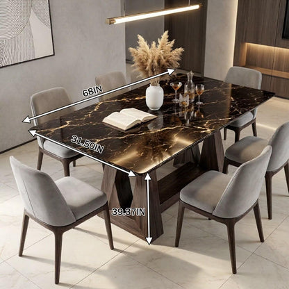 56"-88"Black Marble Dining Table with Natural Wood Base for 6-8 People