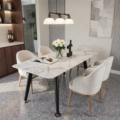 56"-96"Modern White Marble Dining Table with Black Metal Legs for 4-6 People