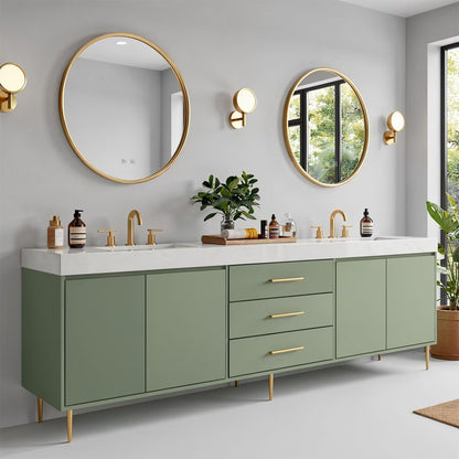 60"-96"Modern Green Bathroom Vanity with Gold Hardware & Round Gold Frame Mirrors