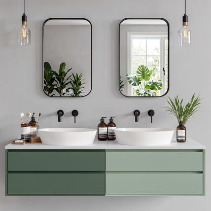 60"-96"Sage Green Floating Bathroom Vanity with Double Sinks & Black Framed Mirrors