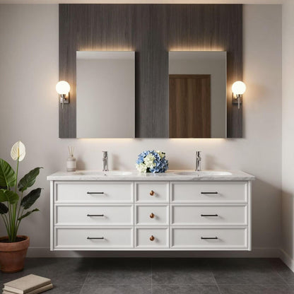 60"-96"Modern White Floating Bathroom Vanity with Double Sinks & Marble Countertop