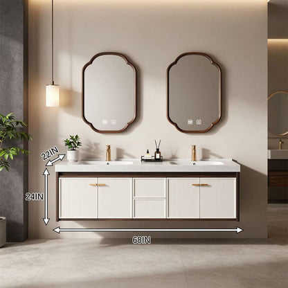 60"-96"Floating Double Bathroom Vanity with White Ribbed Doors & Arched LED Mirrors