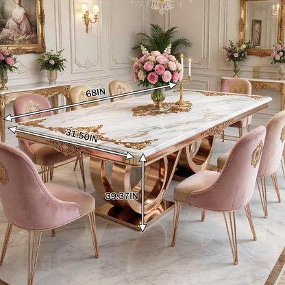 56"-88"Ornate Rectangular Marble Dining Table with Gold Accents & Rose Gold Base
