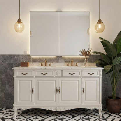 60"-96"Traditional White Double Sink Bathroom Vanity with Marble Top & Ornate Carvings