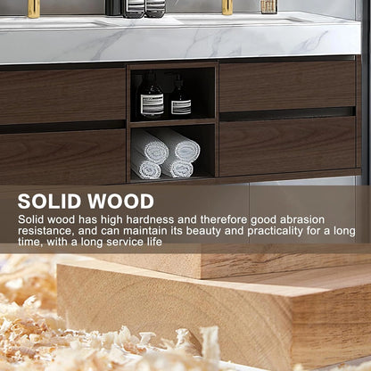 60” - 78” Brown Elegant Bathroom Vanity with Double Sinks Includes Symmetrical Drawer